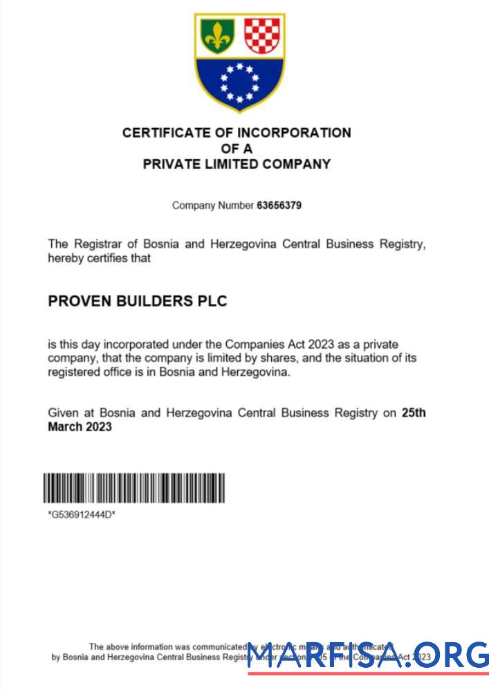 Blank Bosnia and Herzegovina certificate of registration Word and PDF template
